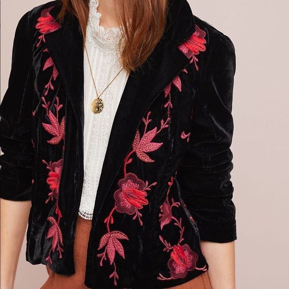 Anthropologie Jackets & Blazers - Anthropologie Velvet Floral Embroidered Black Blazer Jacket XS